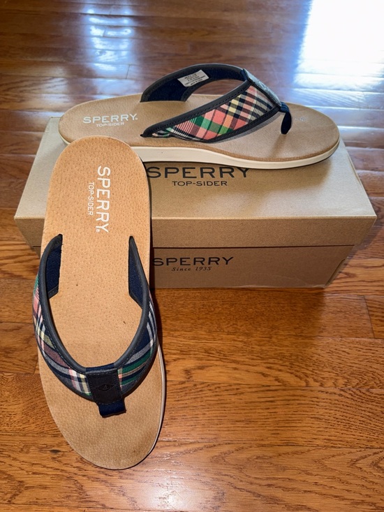 Sperry Other - Sperry Men’s Plaid Strap Flip Flops in Tan, Navy, Green, Pink